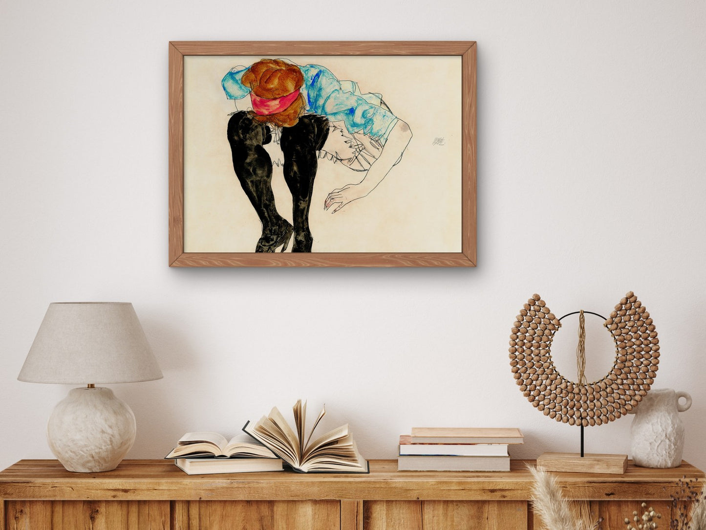 Blond Girl Leaning Forward with Black Stockings by Egon Schiele 1912, Wall Art Print, Fine Art Reproduction, Museum Quality Decor, Poster