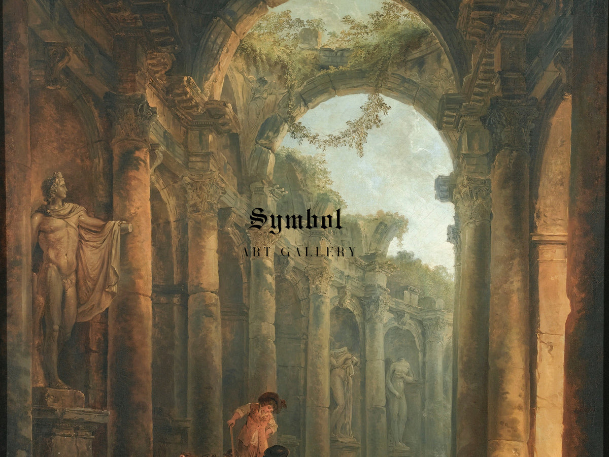 Classical Ruins with Soldiers Gambling by Hubert Robert, Wall Art Print, Fine Art Reproduction, Museum Quality Decor, Poster