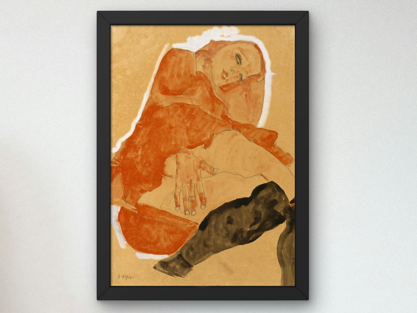 Girl in Red Robe and Black Stockings by Egon Schiele 1911, Wall Art Print, Fine Art Reproduction, Museum Quality Decor, Poster