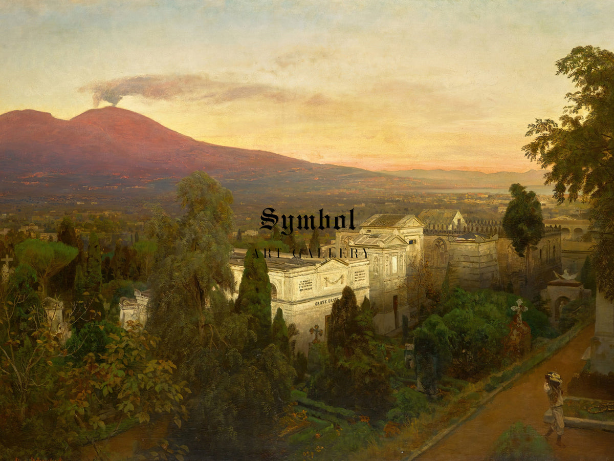 Campo Santo in Poggioreale, the Vesuvius Beyond by Oswald Achenbach, Wall Art Print, Fine Art Reproduction, Museum Quality Decor, Poster