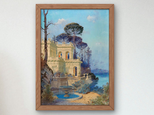 Villa, a Fountain by the Lake in the Foreground by Ferdinand Knab, Wall Art Print, Fine Art Reproduction, Museum Quality Decor, Poster