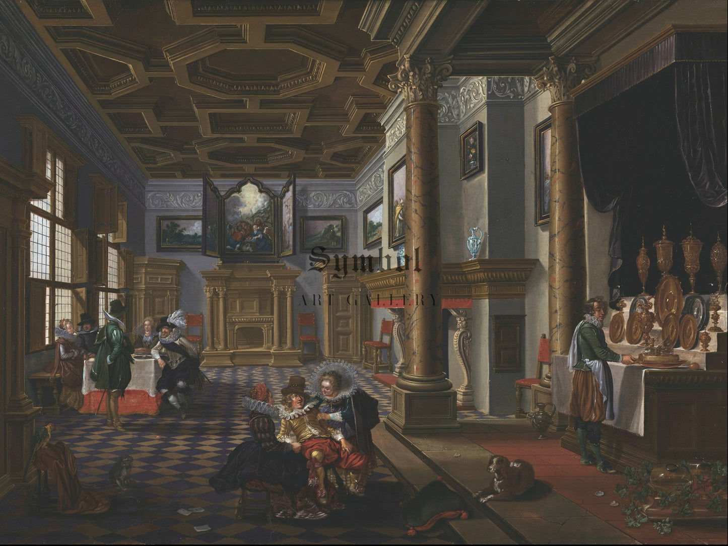 Renaissance Interior with Banqueters by Esaias van de Velde and Bartholomeus van Bassen 1620, Wall Art Print, Fine Art Reproduction