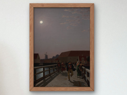 Langebro, Copenhagen, in the Moonlight with Running Figures by Christoffer Wilhelm Eckersberg 1836, Wall Art Print, Fine Art Reproduction