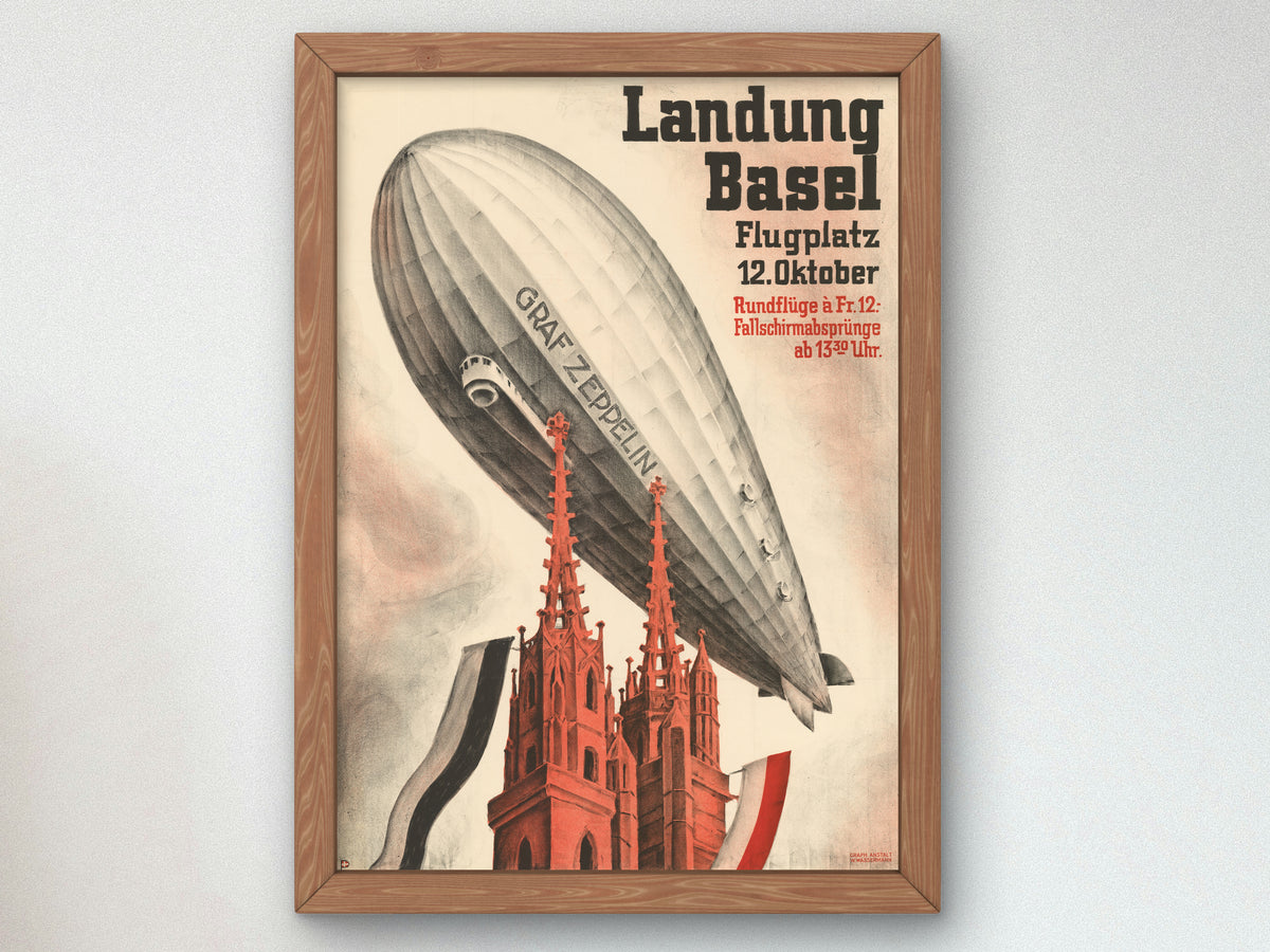 Graf Zeppelin Landing Basel by Otto Plattner 1930, Wall Art Print, Fine Art Reproduction, Museum Quality Decor, Poster