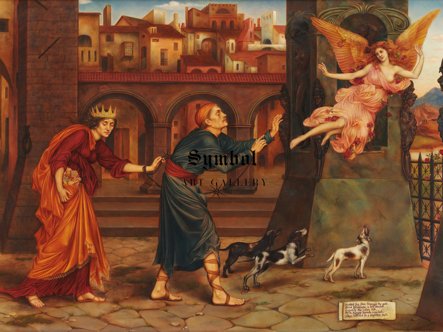 Blindness and Cupidity Chasing Joy from the City by Evelyn De Morgan 1897, Wall Art Print, Fine Art Reproduction, Museum Quality Decor