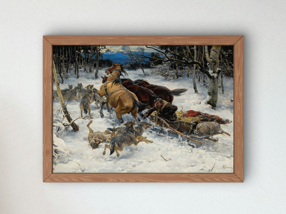 A Sledge Under Attack by Wolves by Alfred von Wierusz Kowalski, Wall Art Print, Fine Art Reproduction, Museum Quality Decor, Poster