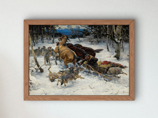 A Sledge Under Attack by Wolves by Alfred von Wierusz Kowalski, Wall Art Print, Fine Art Reproduction, Museum Quality Decor, Poster