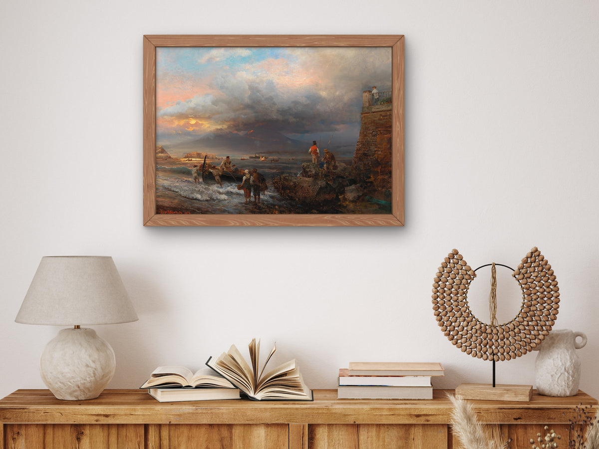 The Bay of Naples with Vesuvius in the Background by Oswald Achenbach, Wall Art Print, Fine Art Reproduction, Museum Quality Decor, Poster