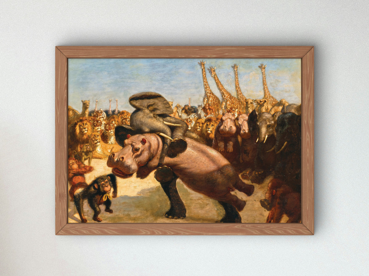 Monkeys as Referees in the Fight between an Elephant and a Hippopotamus by Gabriel von Max, Wall Art Print, Fine Art Reproduction