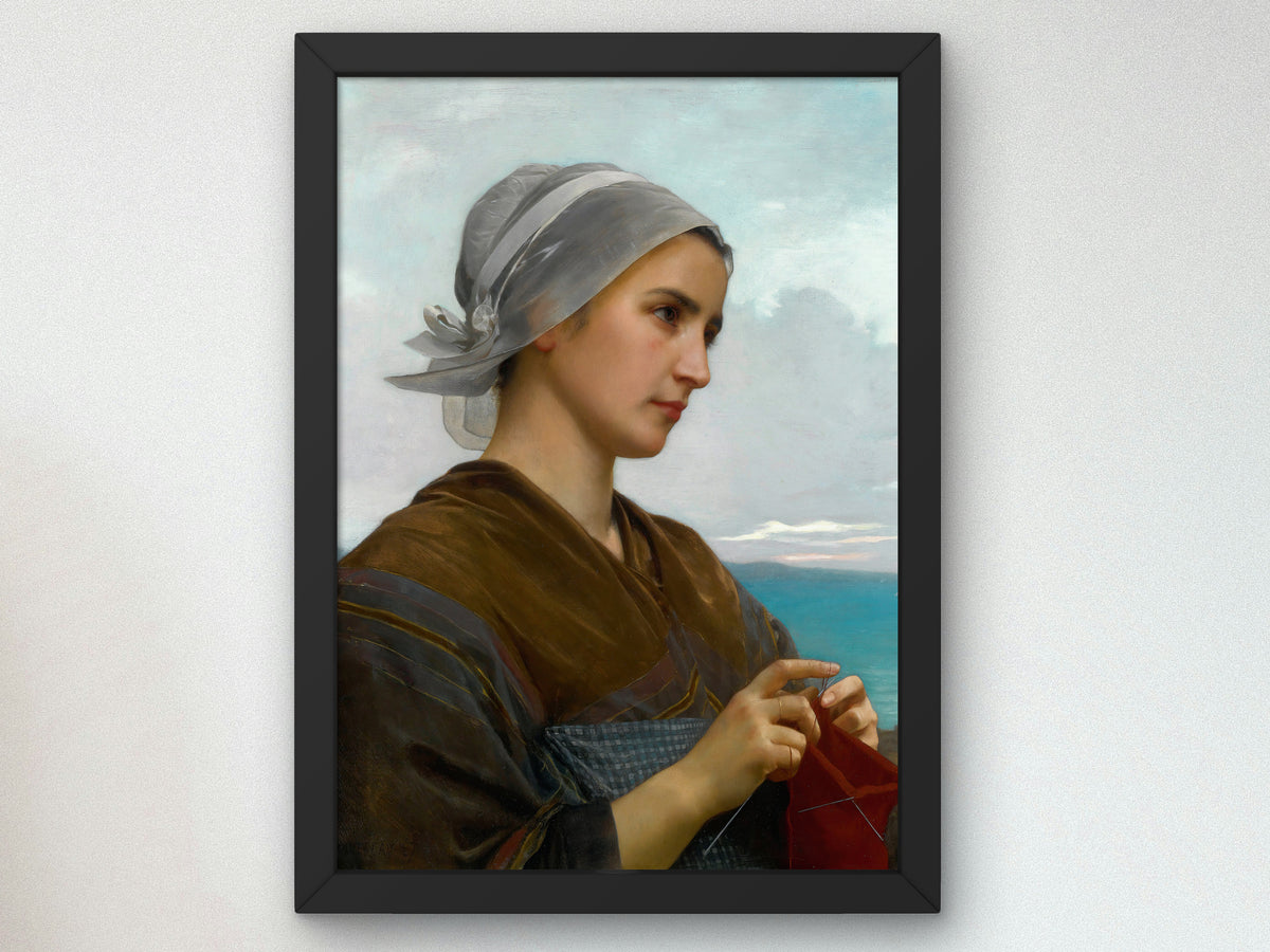 Breton Knitter by William Bouguereau 1871, Wall Art Print, Fine Art Reproduction, Museum Quality Decor, Poster
