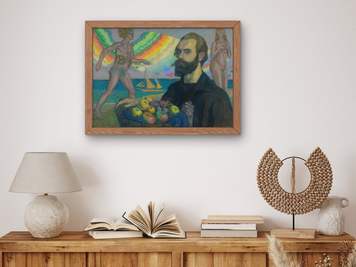 Self Portrait with a Basket of Fruit against the Sea by Jan Rembowski 1918, Wall Art Print, Fine Art Reproduction, Museum Quality Decor