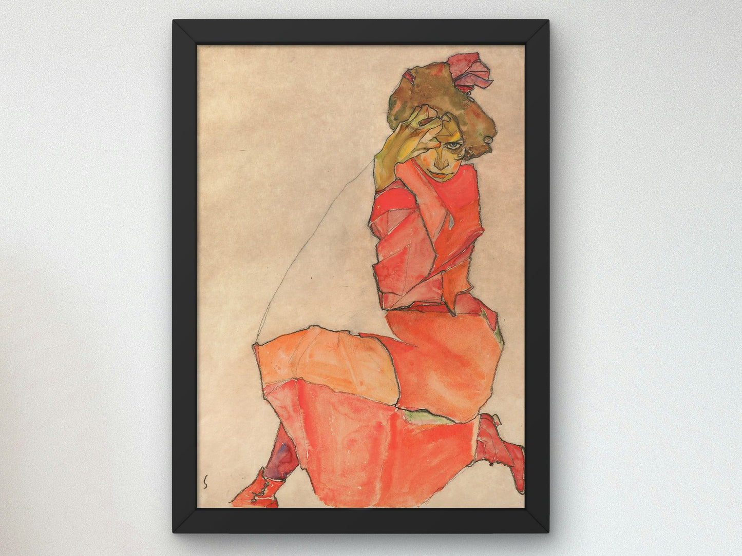 Kneeling Female in Orange Red Dress by Egon Schiele 1910, Wall Art Print, Fine Art Reproduction, Museum Quality Decor, Poster