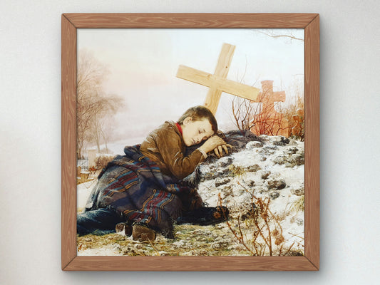An Orphan on His Mother's Grave by Uroš Predić 1888, Wall Art Print, Fine Art Reproduction, Museum Quality Decor, Poster