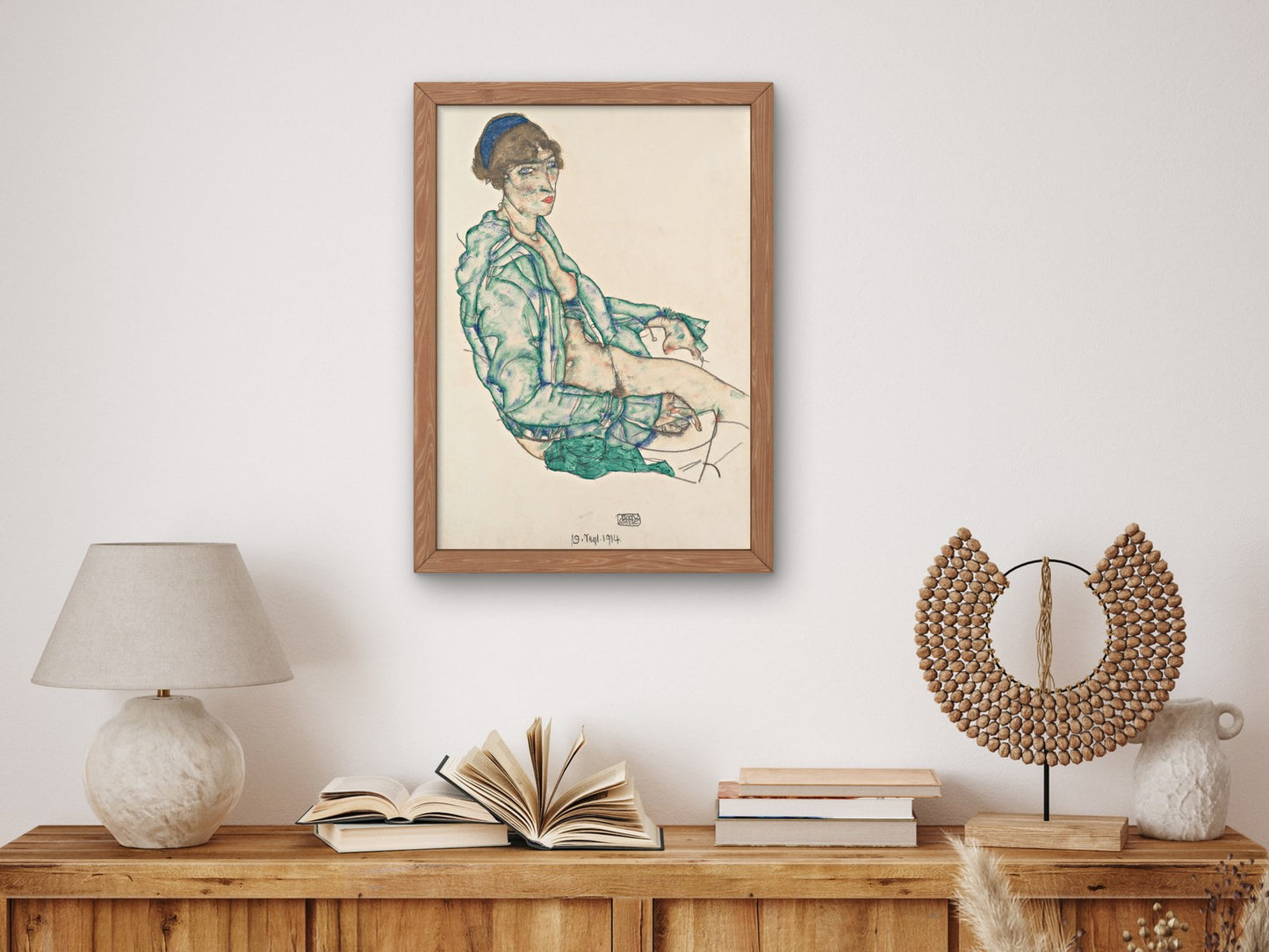 Sitting Semi Nude with Blue Hairband by Egon Schiele 1914, Wall Art Print, Fine Art Reproduction, Museum Quality Decor, Poster