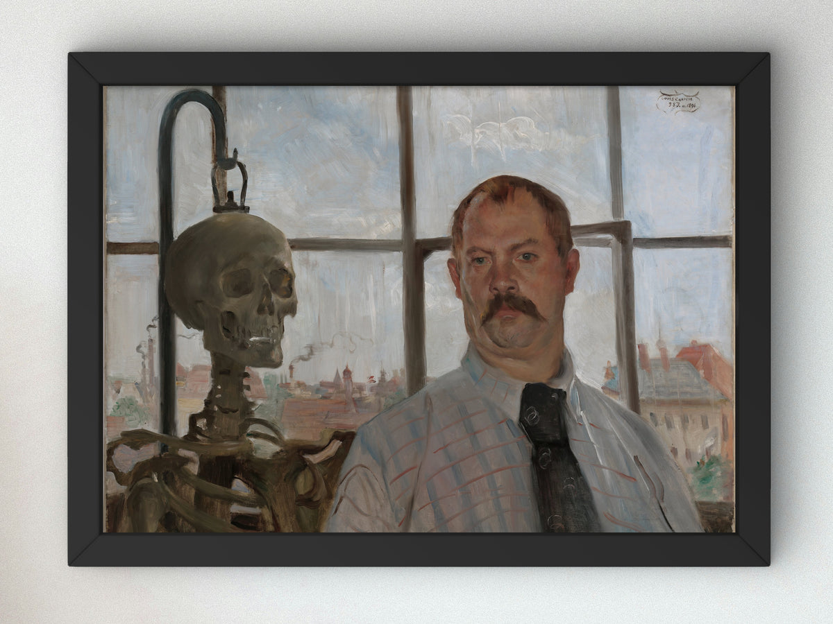 Self Portrait with Skeleton by Lovis Corinth 1896, Wall Art Print, Fine Art Reproduction, Museum Quality Decor, Poster