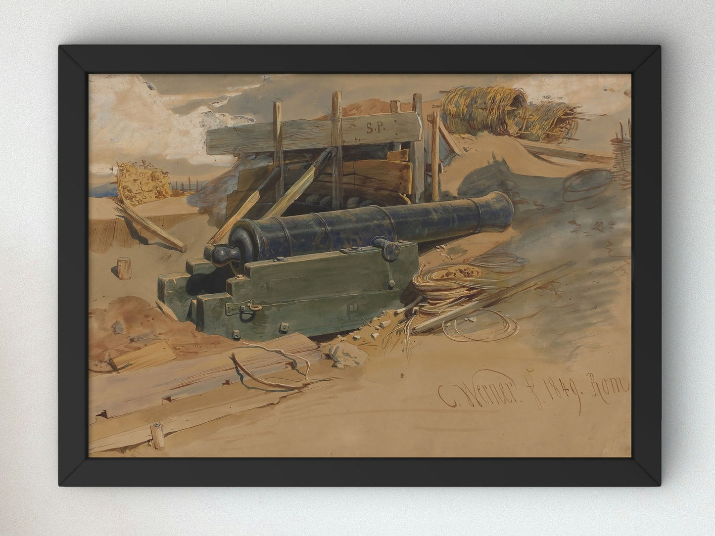 Cannon by a Bulwark by Carl Werner 1849, Wall Art Print, Fine Art Reproduction, Museum Quality Decor, Poster