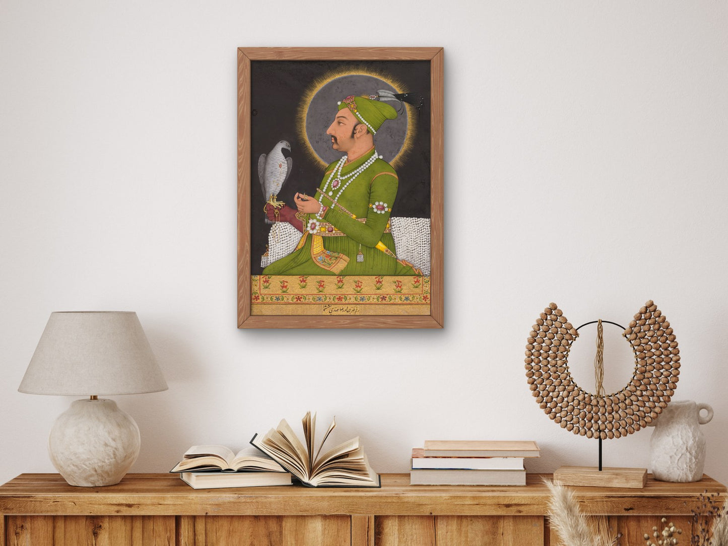 Posthumous portrait of the Mughal emperor Muhammad Shah holding a falcon by Muhammad Rizavi Hindi, Wall Art Print, Fine Art Reproduction