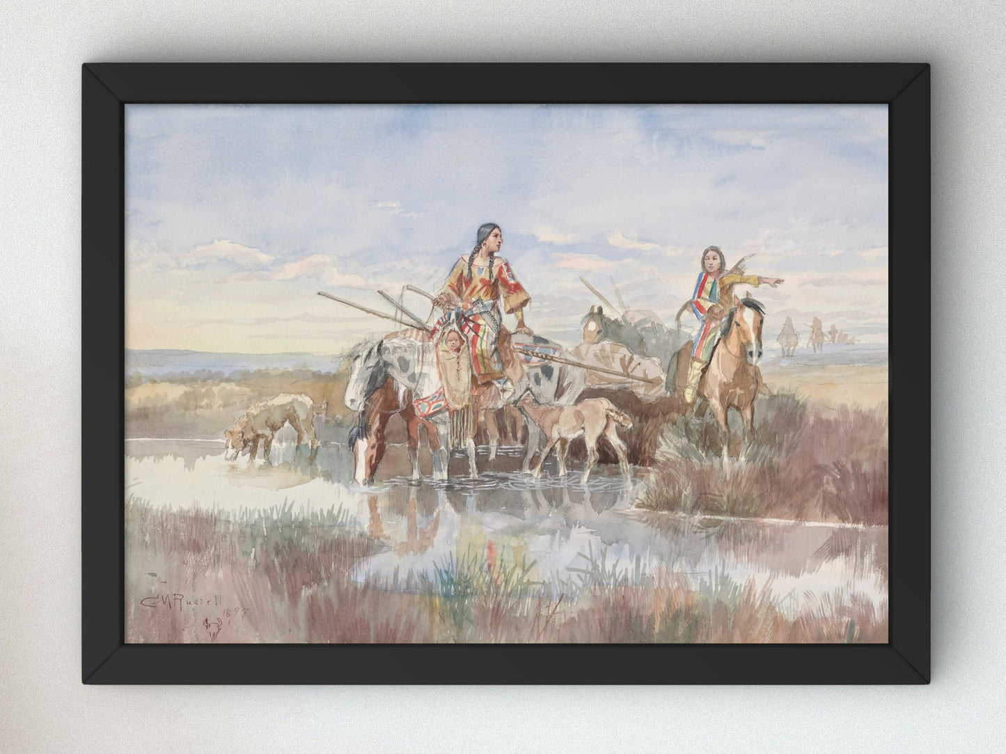 Indian Family with Travois by Charles Marion Russell 1897, Wall Art Print, Fine Art Reproduction, Museum Quality Decor, Poster
