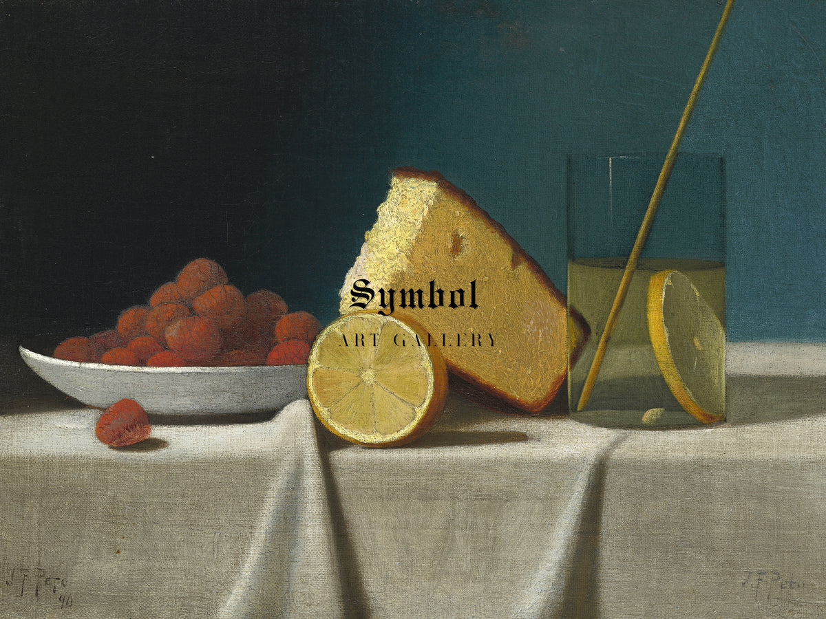 Still Life with Cake, Lemon, Strawberries and Glass by John Frederick Peto 1890, Wall Art Print, Fine Art Reproduction, Museum Quality Decor