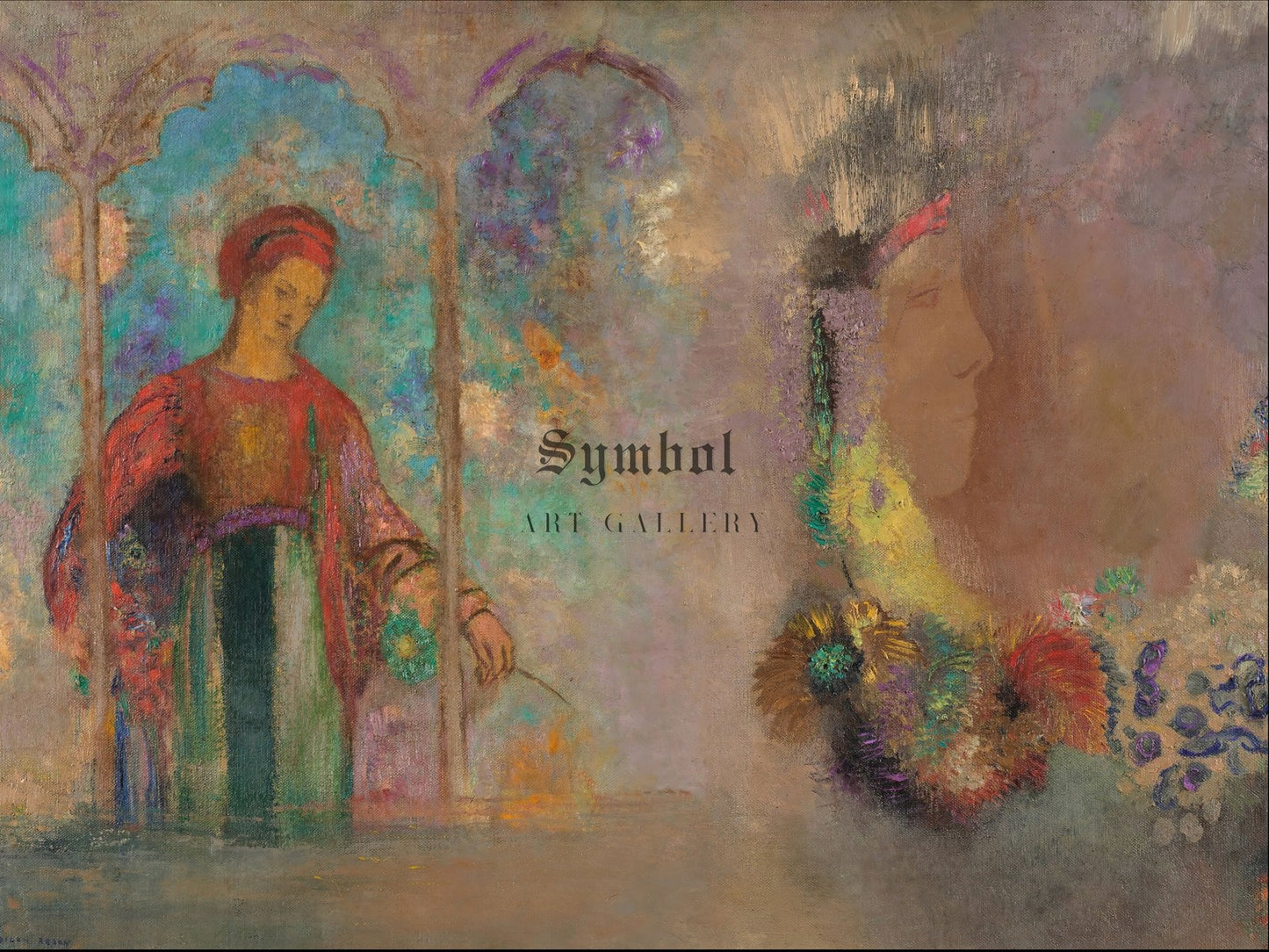 Woman in a Gothic Arcade with Flowers by Odilon Redon 1905, Wall Art Print, Fine Art Reproduction, Museum Quality Decor, Poster