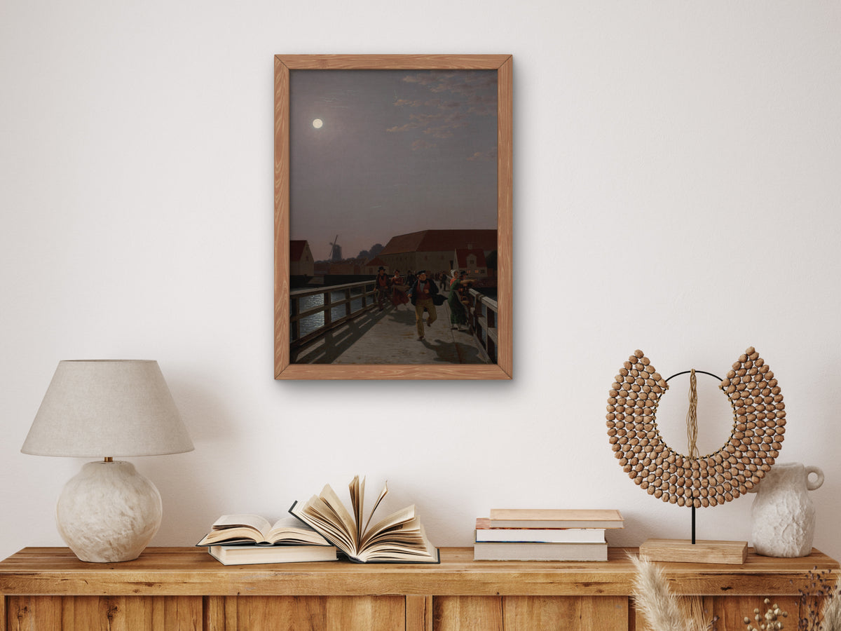 Langebro, Copenhagen, in the Moonlight with Running Figures by Christoffer Wilhelm Eckersberg 1836, Wall Art Print, Fine Art Reproduction