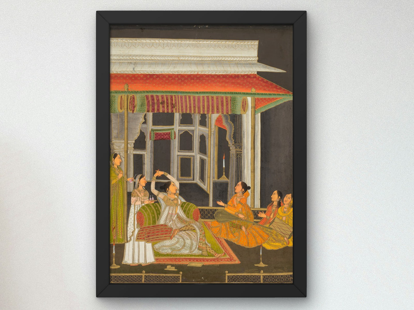 A Princess on a Terrace with Attendants at Night by Unknown Mughal School 1760, Wall Art Print, Fine Art Reproduction, Museum Quality Decor