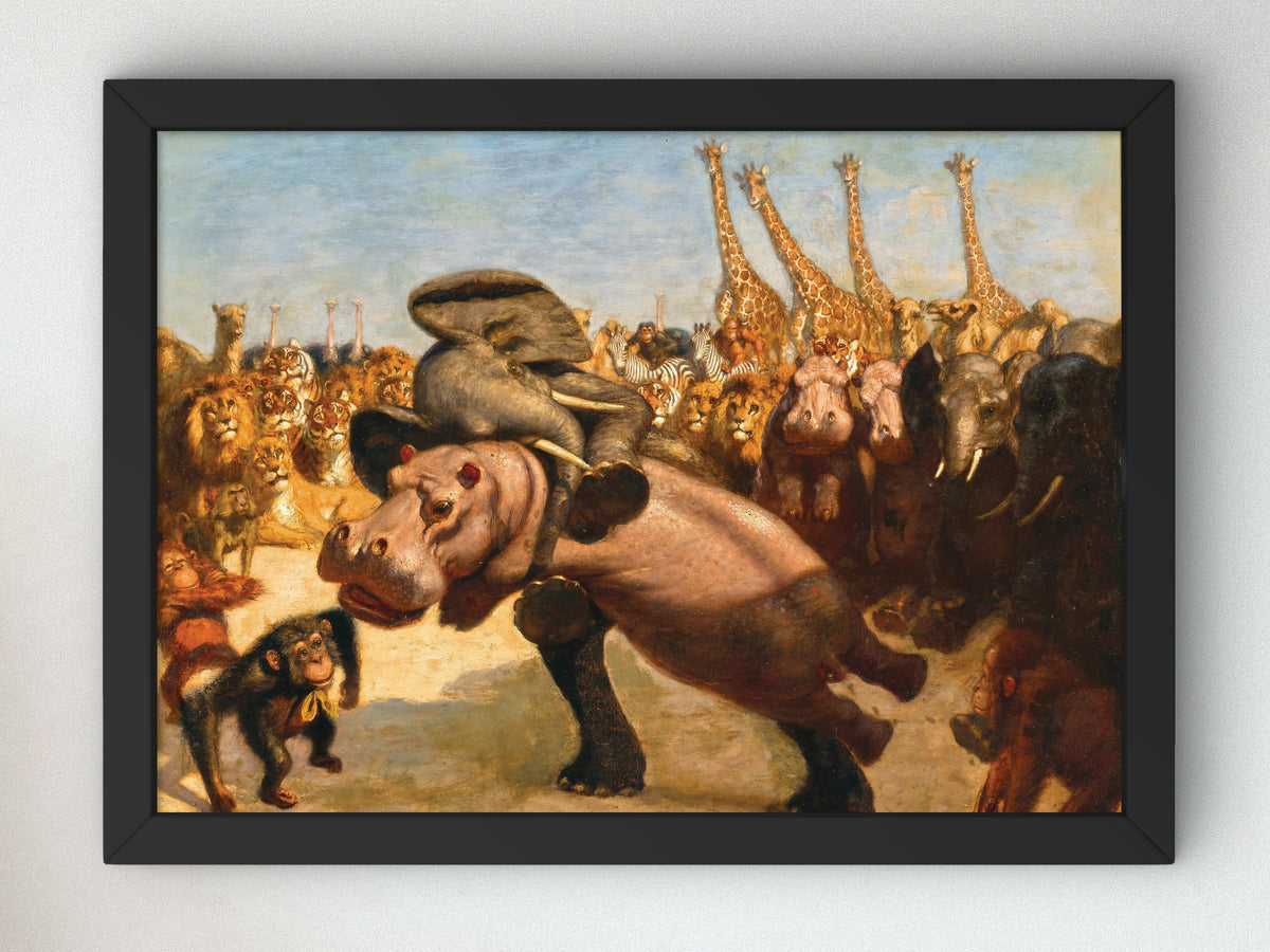 Monkeys as Referees in the Fight between an Elephant and a Hippopotamus by Gabriel von Max, Wall Art Print, Fine Art Reproduction