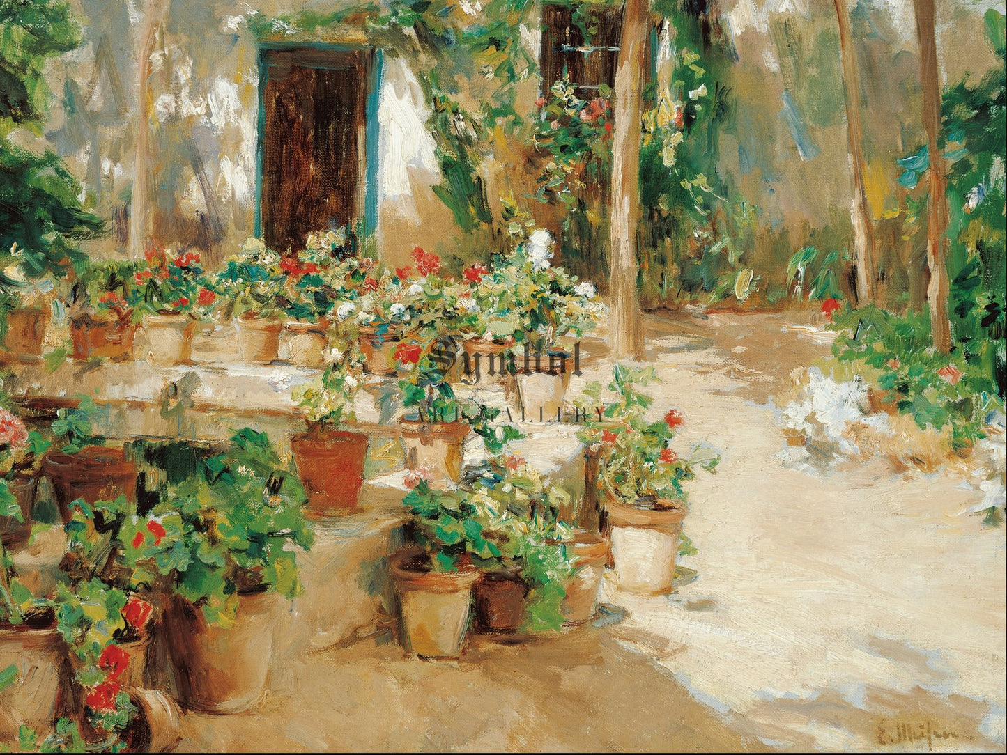 Courtyard with Potted Flowers by Eliseo Meifrén, Wall Art Print, Fine Art Reproduction, Museum Quality Decor, Poster