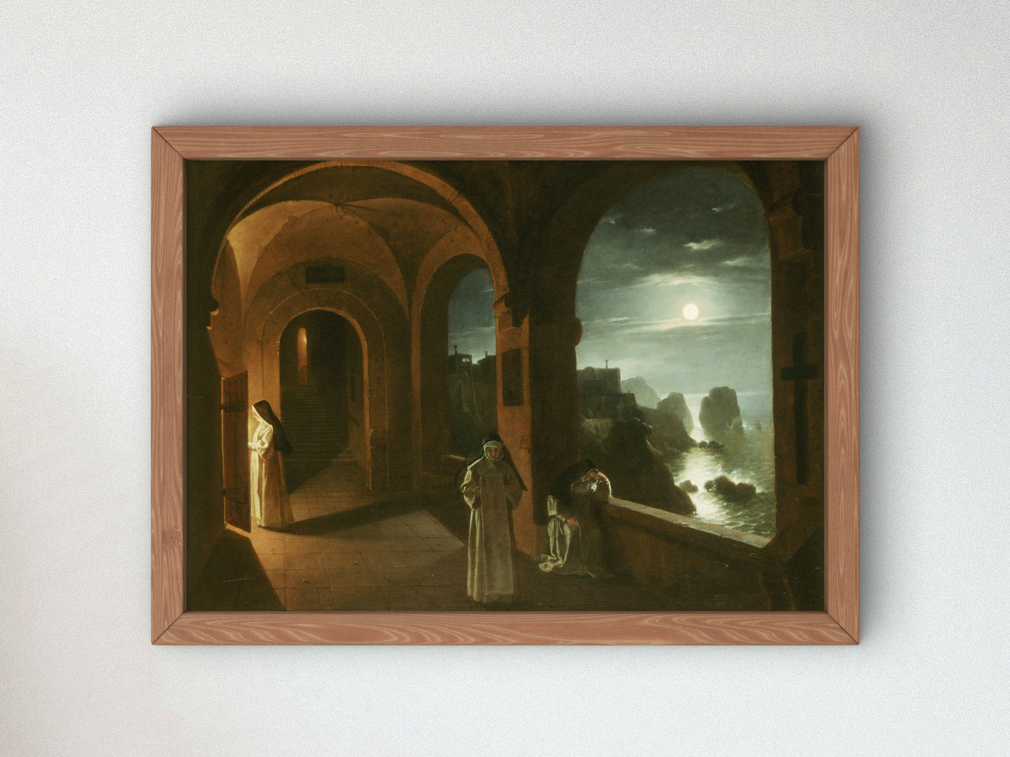 Nuns in the Certosa Cloister, Overlooking a Moonlit Sea towards the Faraglioni, Capri by Franz Ludwig Catel 1823, Wall Art Print
