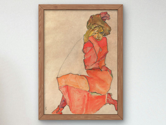 Kneeling Female in Orange Red Dress by Egon Schiele 1910, Wall Art Print, Fine Art Reproduction, Museum Quality Decor, Poster
