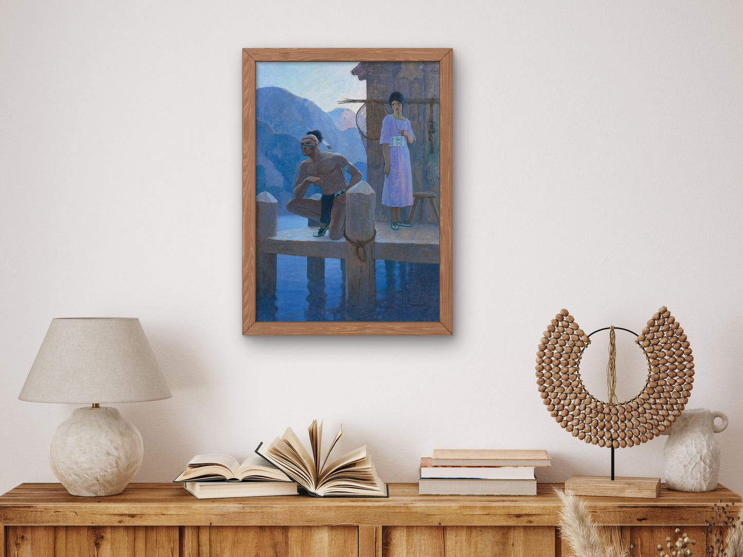 She found Chingachgook studying the shores of the lake, the mountains, and the heavens by Newell Convers Wyeth 1925, Wall Art Print