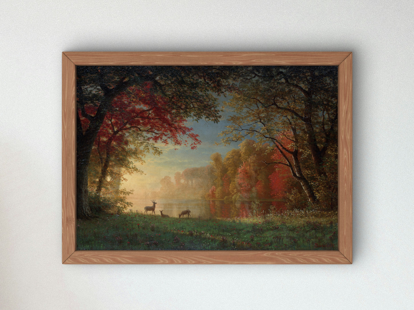 Indian Sunset, Deer by a Lake by Albert Bierstadt, Wall Art Print, Fine Art Reproduction, Museum Quality Decor, Poster