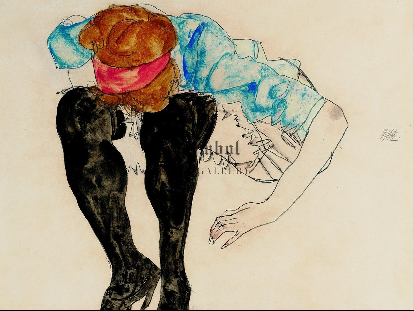 Blond Girl Leaning Forward with Black Stockings by Egon Schiele 1912, Wall Art Print, Fine Art Reproduction, Museum Quality Decor, Poster