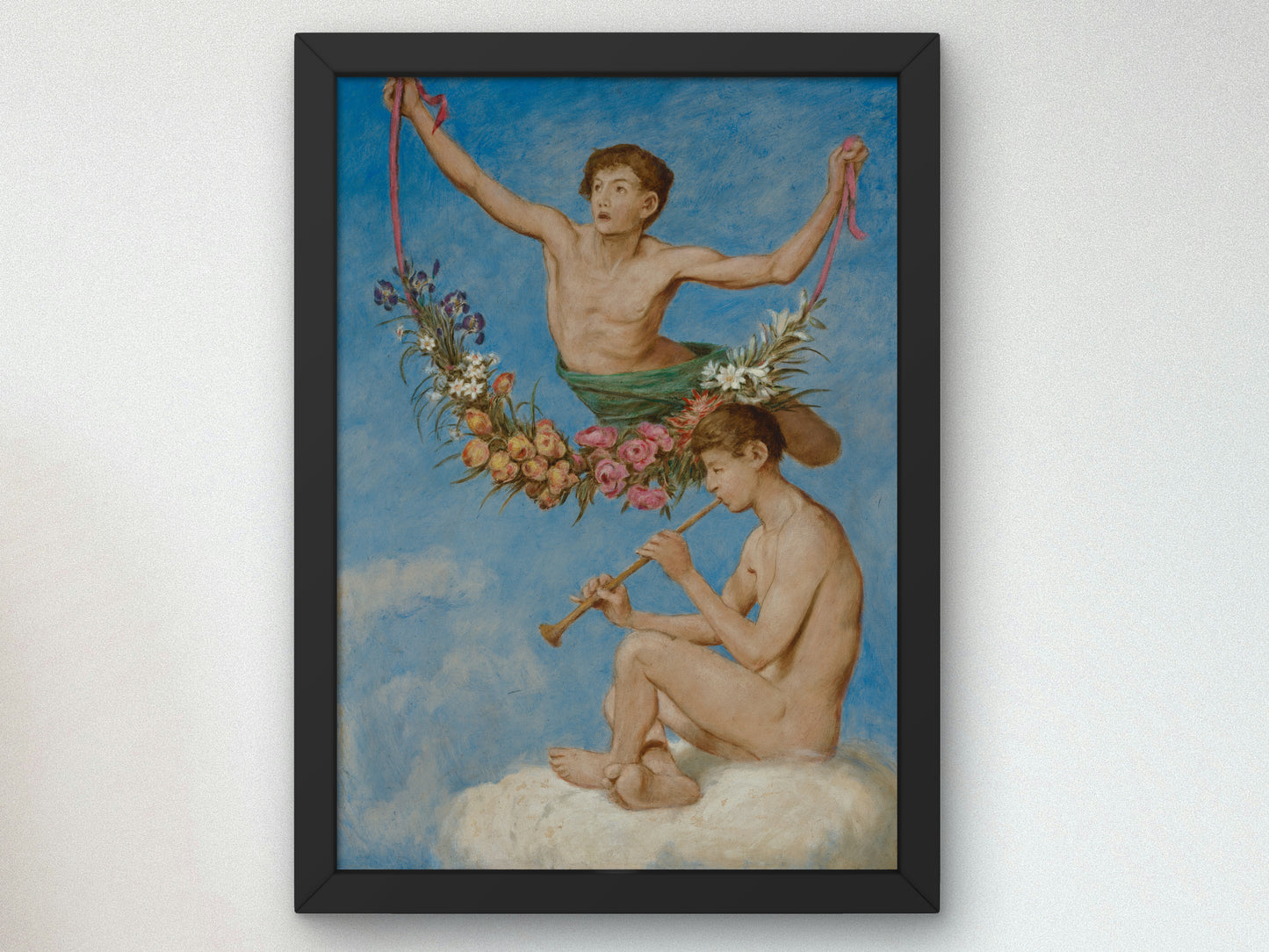 May, Two Youthful Genii with Flowers by Hans Thoma 1906, Wall Art Print, Fine Art Reproduction, Museum Quality Decor, Poster