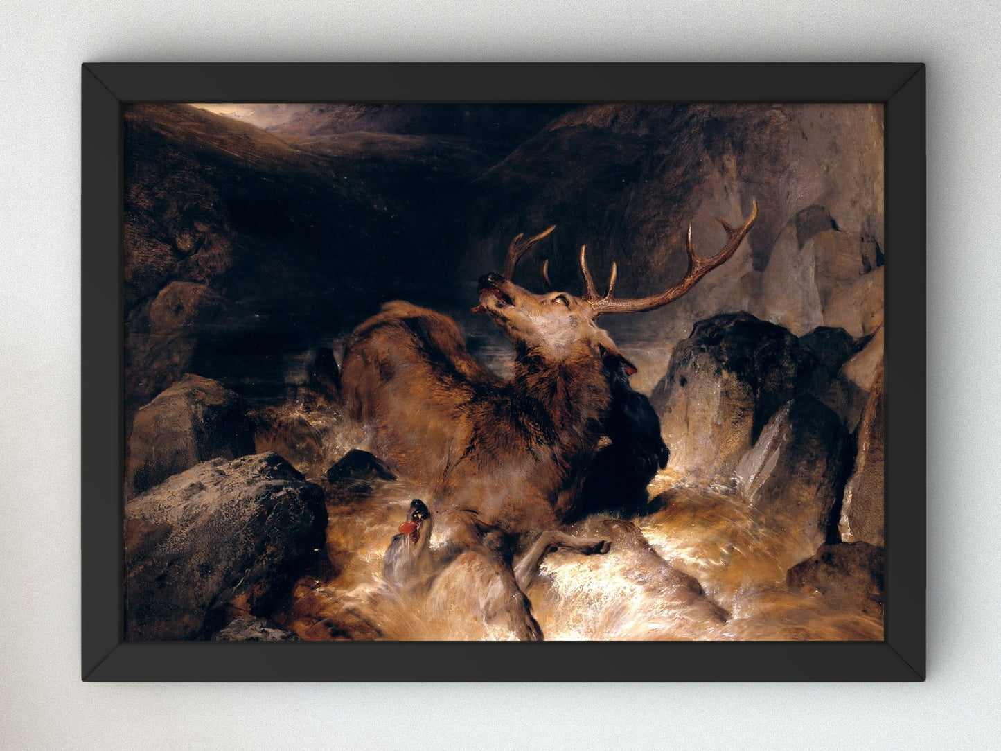 Deer and Deer Hounds in a Mountain Torrent by Edwin Landseer 1832, Wall Art Print, Fine Art Reproduction, Museum Quality Decor, Poster