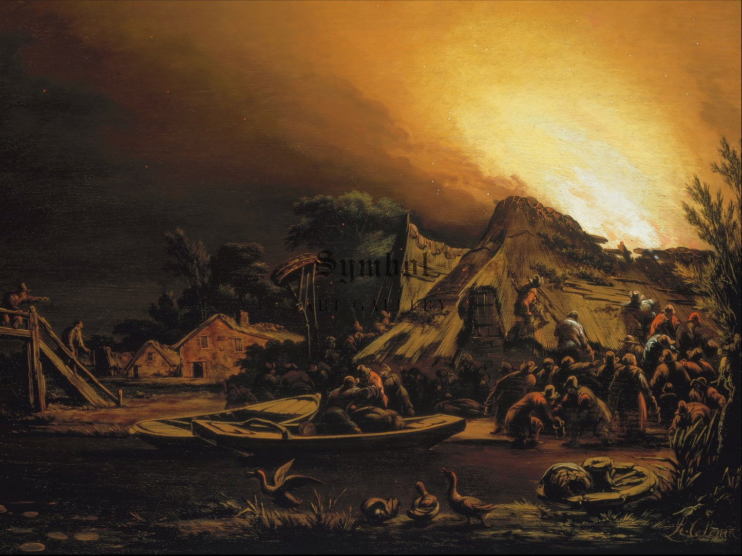Village Fire by Night by Adam Colonia 1650, Wall Art Print, Fine Art Reproduction, Museum Quality Decor, Poster