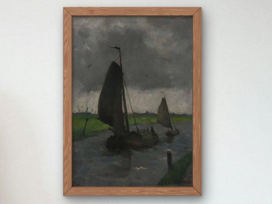 Watercourse with Sail Barges by Eduard Karsen 1885, Wall Art Print, Fine Art Reproduction, Museum Quality Decor, Poster