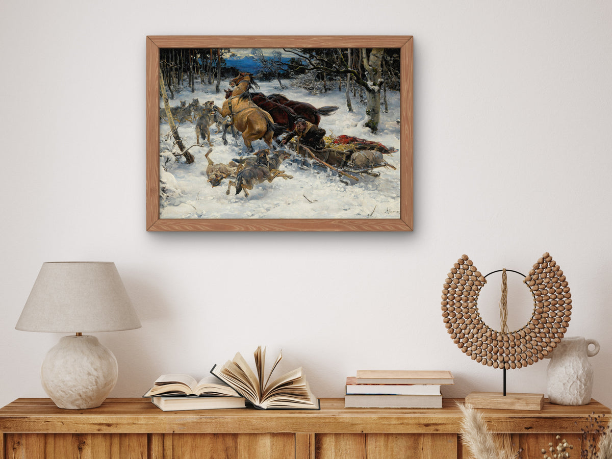 A Sledge Under Attack by Wolves by Alfred von Wierusz Kowalski, Wall Art Print, Fine Art Reproduction, Museum Quality Decor, Poster