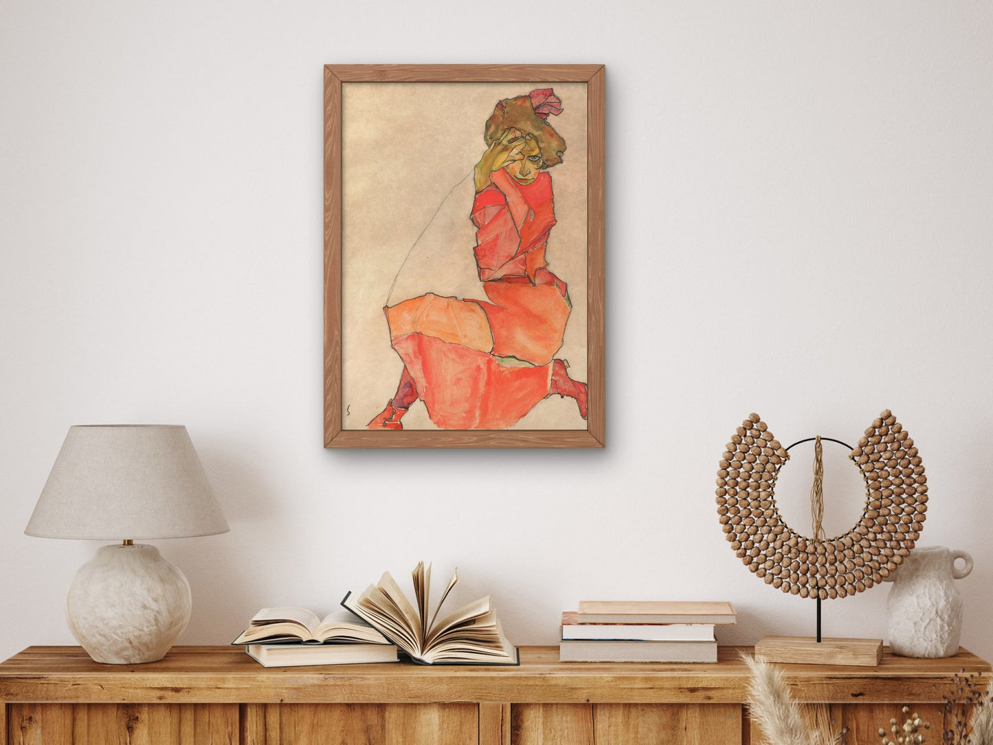 Kneeling Female in Orange Red Dress by Egon Schiele 1910, Wall Art Print, Fine Art Reproduction, Museum Quality Decor, Poster