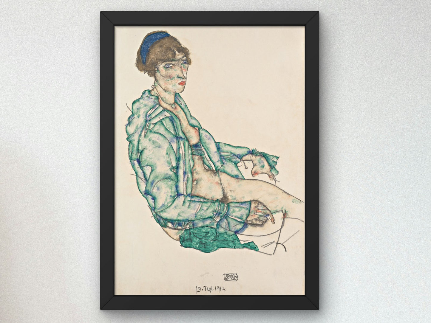 Sitting Semi Nude with Blue Hairband by Egon Schiele 1914, Wall Art Print, Fine Art Reproduction, Museum Quality Decor, Poster
