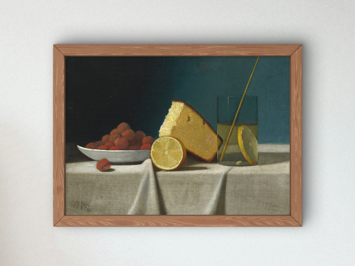 Still Life with Cake, Lemon, Strawberries and Glass by John Frederick Peto 1890, Wall Art Print, Fine Art Reproduction, Museum Quality Decor