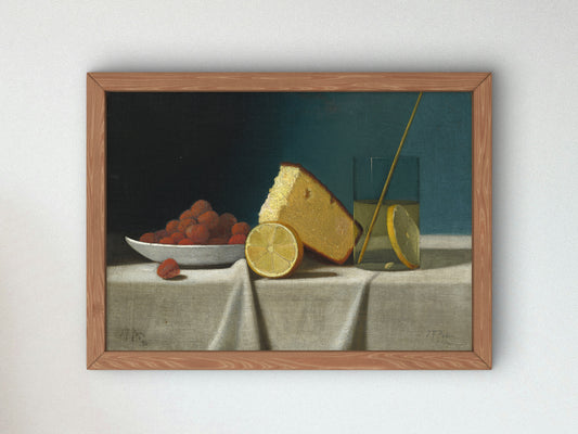 Still Life with Cake, Lemon, Strawberries and Glass by John Frederick Peto 1890, Wall Art Print, Fine Art Reproduction, Museum Quality Decor