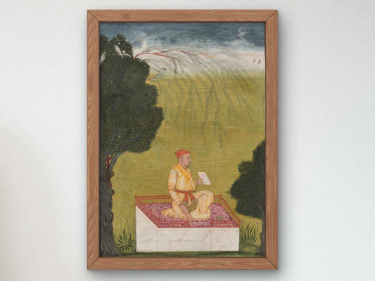 Raja Dilip Singh of Guler on a Dais by Unknown Pahari School artist 1707, Wall Art Print, Fine Art Reproduction, Museum Quality Decor