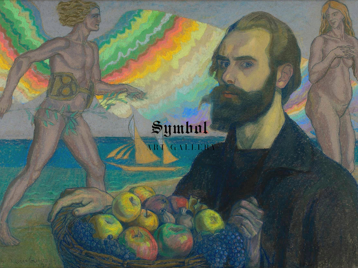 Self Portrait with a Basket of Fruit against the Sea by Jan Rembowski 1918, Wall Art Print, Fine Art Reproduction, Museum Quality Decor