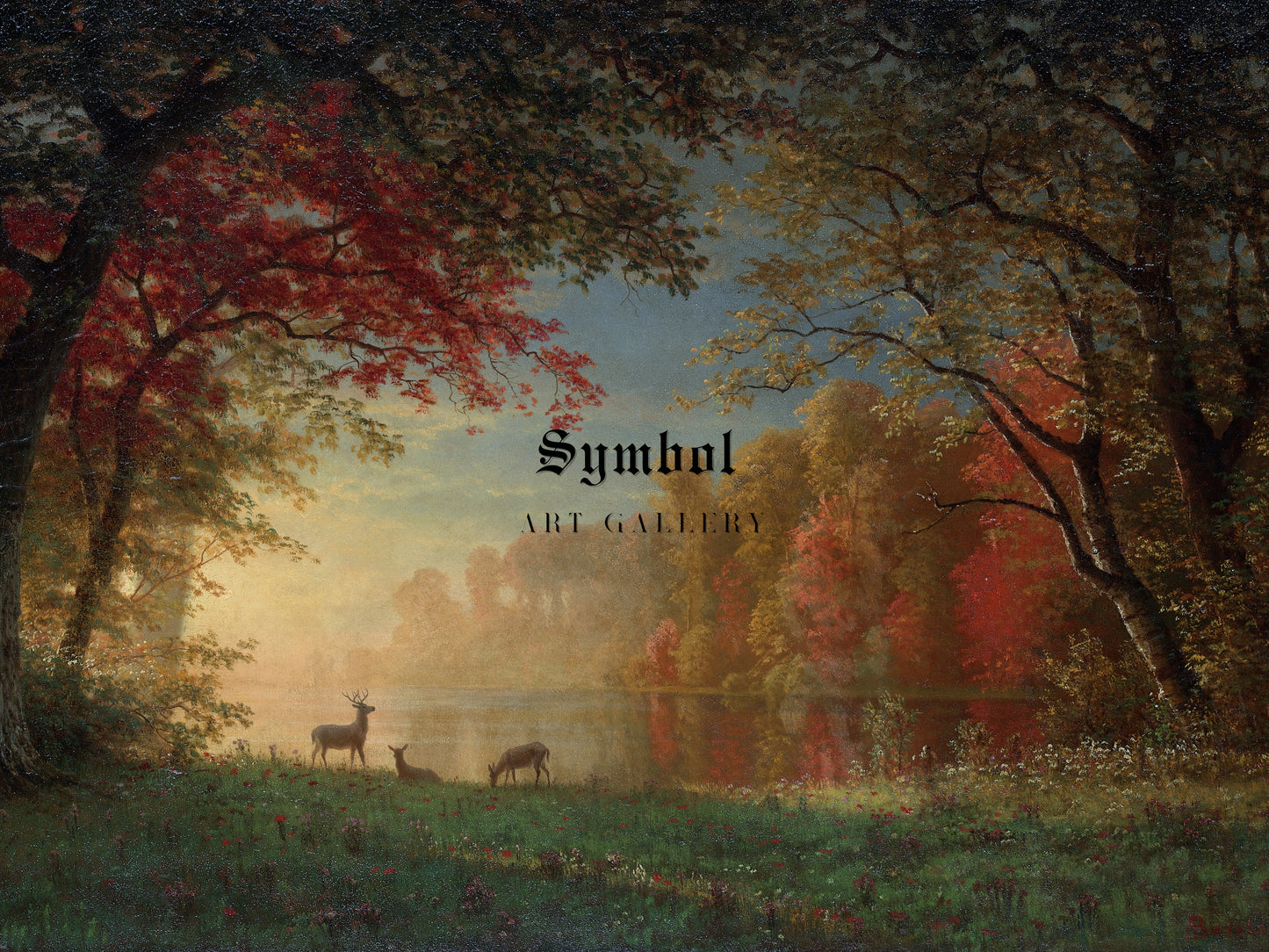 Indian Sunset, Deer by a Lake by Albert Bierstadt, Wall Art Print, Fine Art Reproduction, Museum Quality Decor, Poster