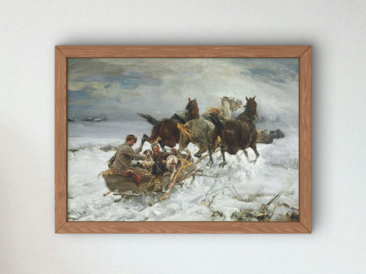 Horse Drawn Sleigh by Alfred Wierusz Kowalski, Wall Art Print, Fine Art Reproduction, Museum Quality Decor, Poster
