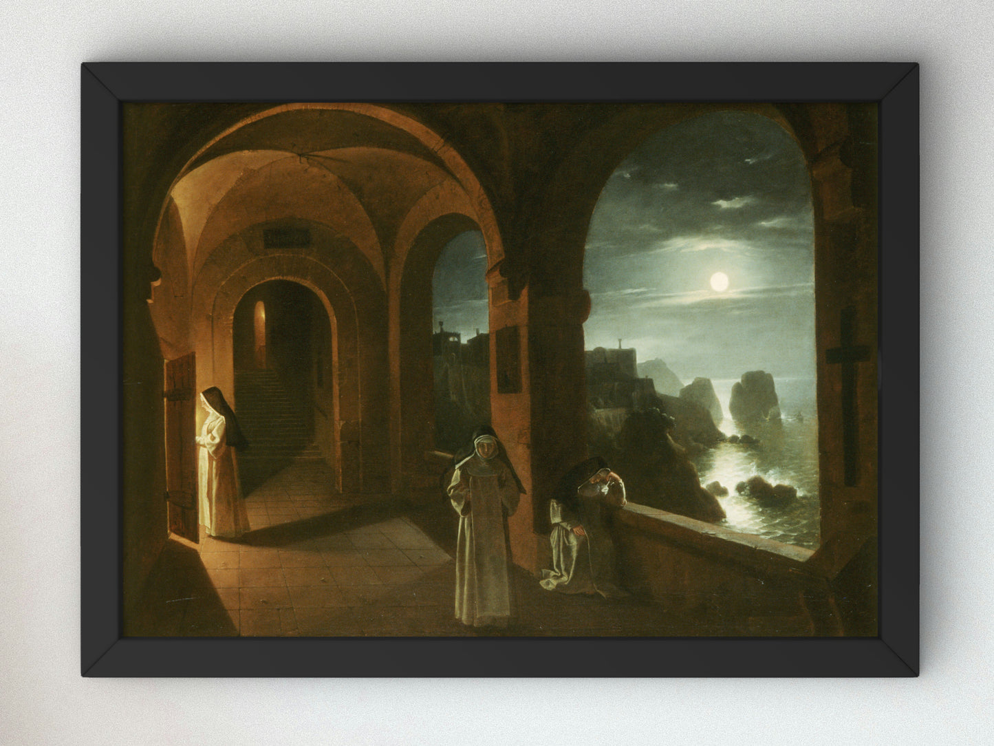 Nuns in the Certosa Cloister, Overlooking a Moonlit Sea towards the Faraglioni, Capri by Franz Ludwig Catel 1823, Wall Art Print