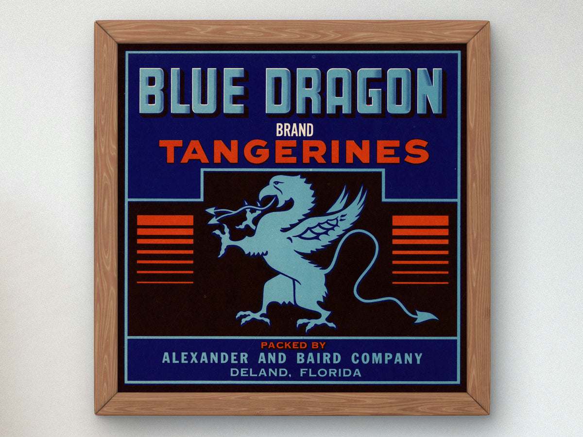 Blue Dragon Brand Tangerines Label by Unknown, Wall Art Print, Fine Art Reproduction, Museum Quality Decor, Poster