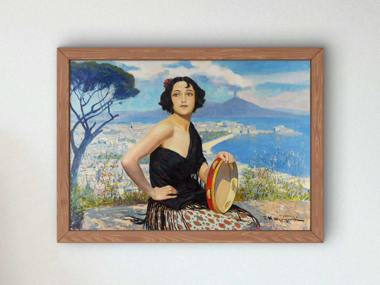 Woman Against the Backdrop of Naples by Feliks Michał Wygrzywalski, Wall Art Print, Fine Art Reproduction, Museum Quality Decor, Poster