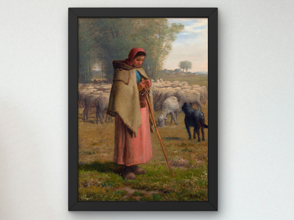 Young Girl Guarding Her Sheep by Jean Francois Millet 1860, Wall Art Print, Fine Art Reproduction, Museum Quality Decor, Poster